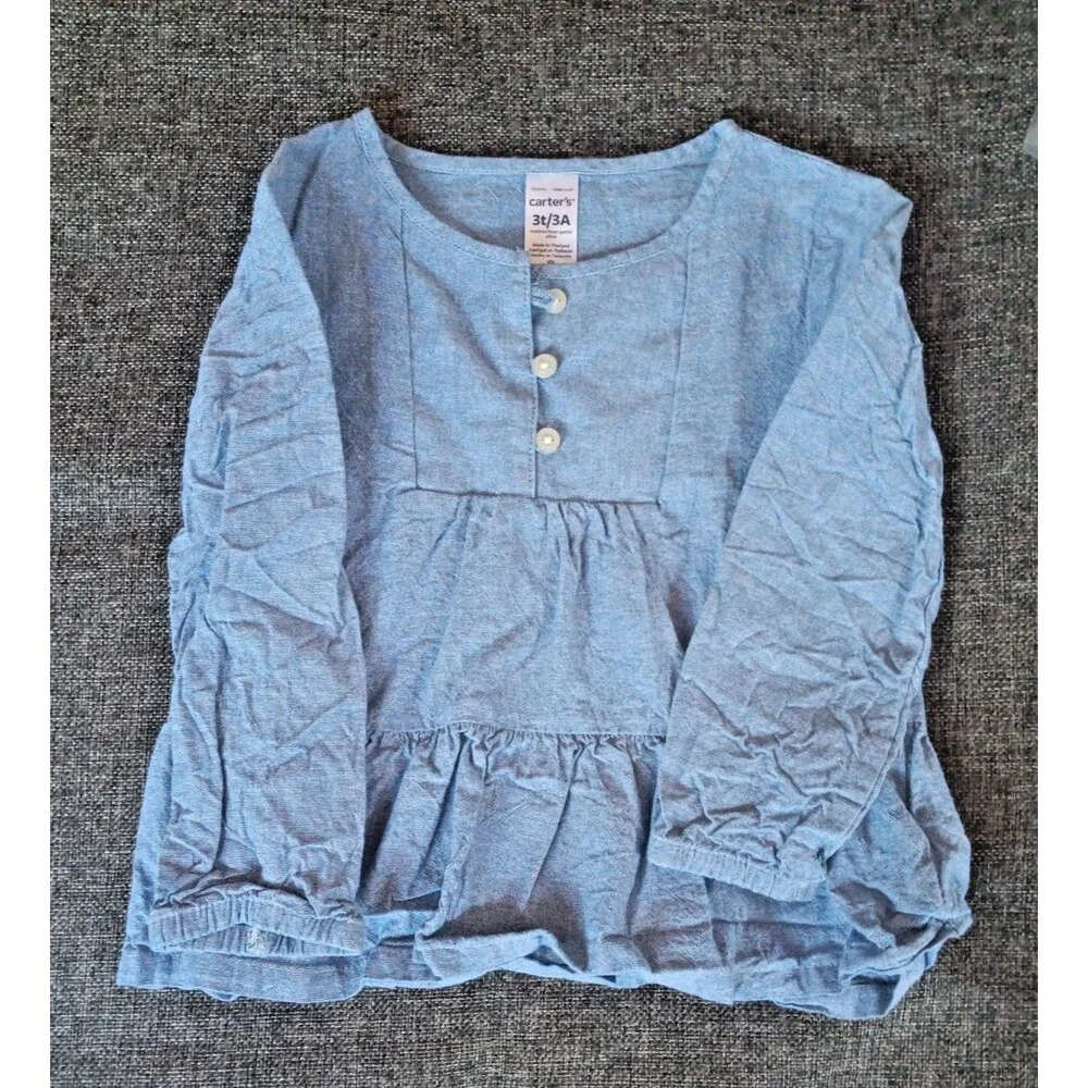 Carters Shirt Size 3T Girls Blue Denim Ruffles Long Sleeve